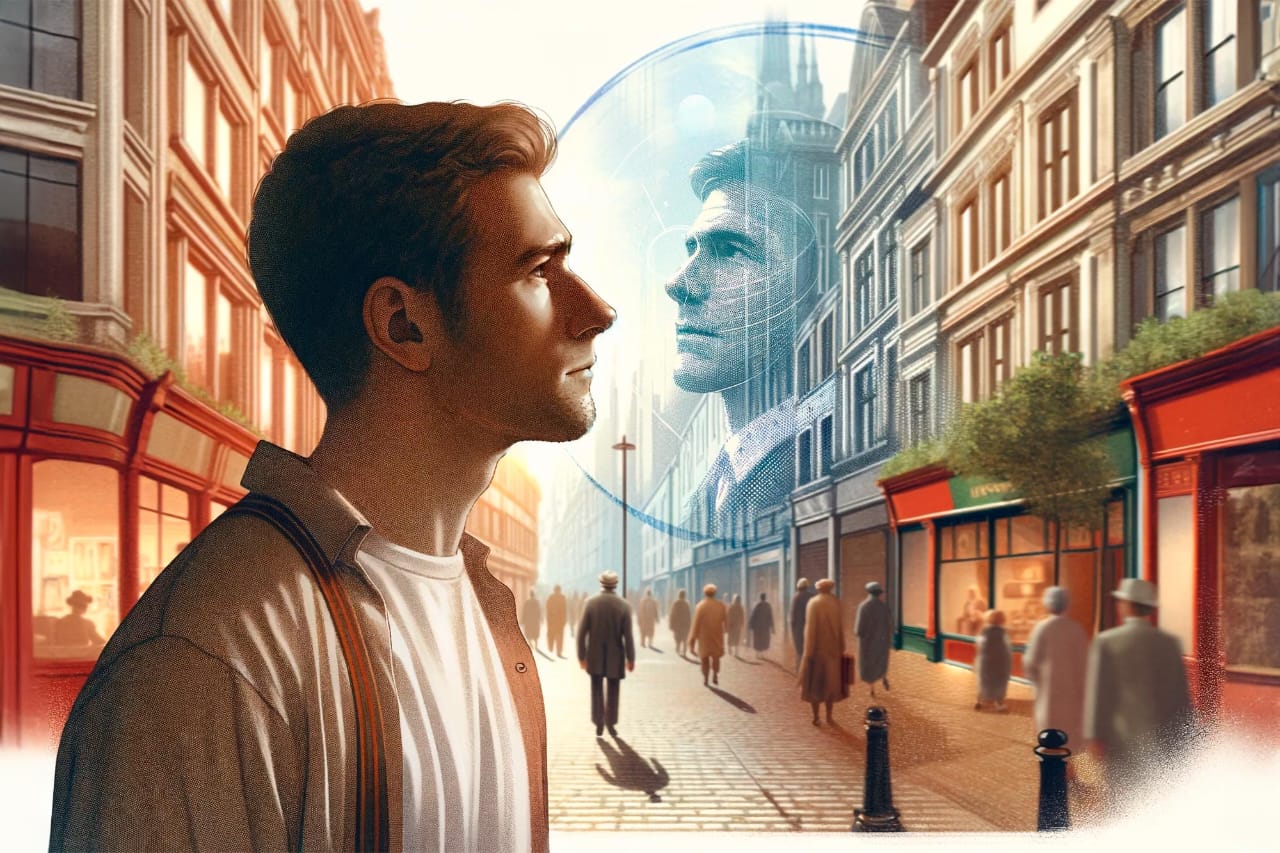 a man standing in front of a building with a large head of a man